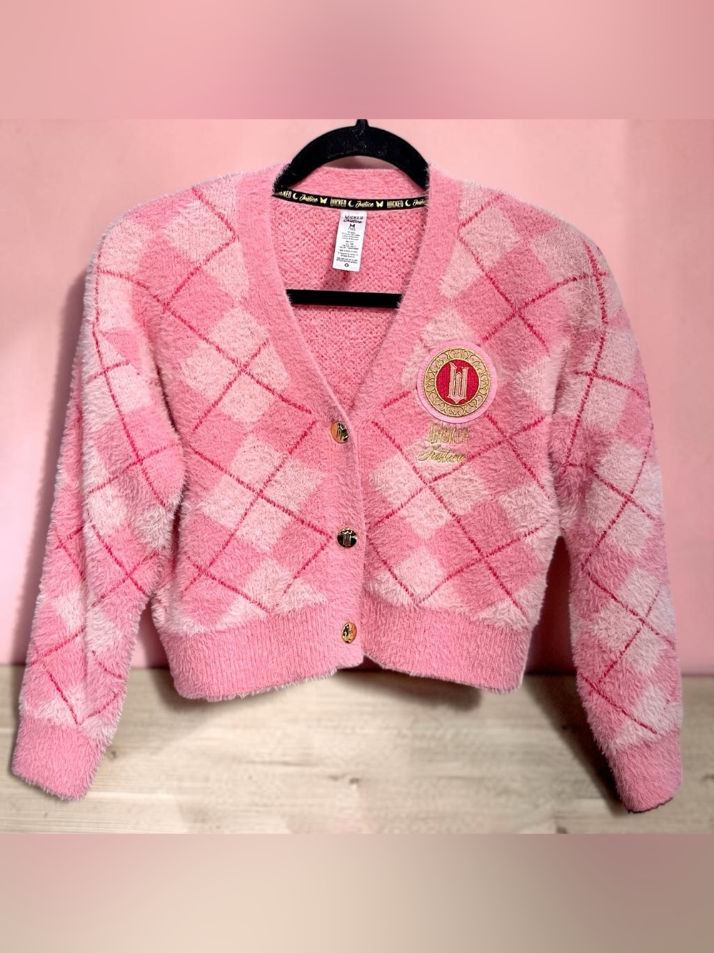 Justice Girls' 10 Wicked Pink Fuzzy Argyle sweater Cardigan button up Jacket